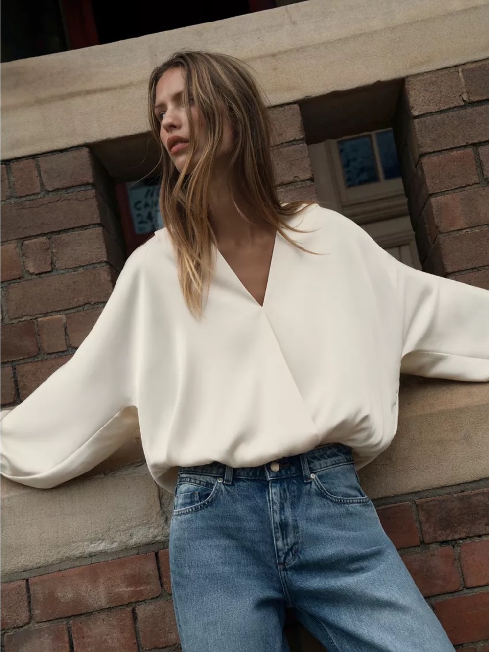 Satin Effect Wrap Blouse Ivory XS Oversized ZARA